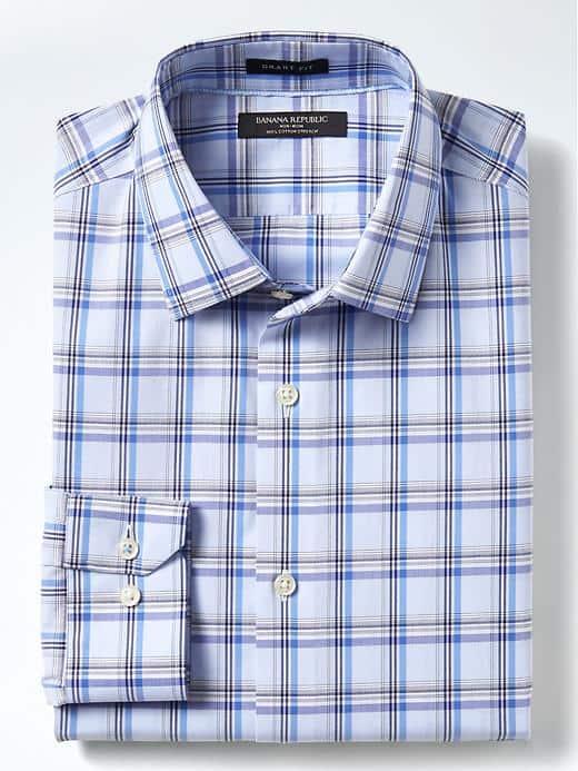 Banana Republic Mens Grant Fit Non Iron Stretch Grid Shirt - Medium Blue