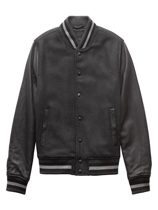 Banana Republic Mens Br X Kevin Love   Italian Wool Blend Varsity Jacket With Leather Sleeves Black Size S