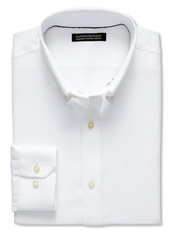 Banana Republic Tailored Slim Fit Non Iron Pique Button Down Shirt - White Print