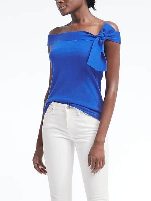 Banana Republic Womens Merino Off The Shoulder Bow Top - Royal Blue