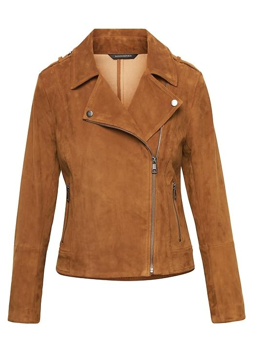 Banana Republic Womens Life In Motion Stretch Suede Moto Jacket Camel Size M