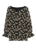 Banana Republic Womens Leaf Print Poet-sleeve Top Gray With Gold Accents Size S