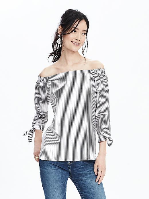 Banana Republic Off Shoulder Stripe Top Size L Petite - White/blue