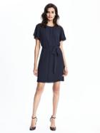 Banana Republic Womens Pleated Neck Tie Waist Dress Size L Tall - Preppy Navy