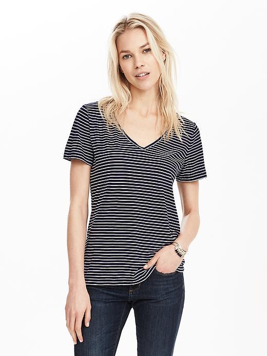 Banana Republic Womens Striped Essential Pima Cotton Vee Tee Size L - Preppy Navy