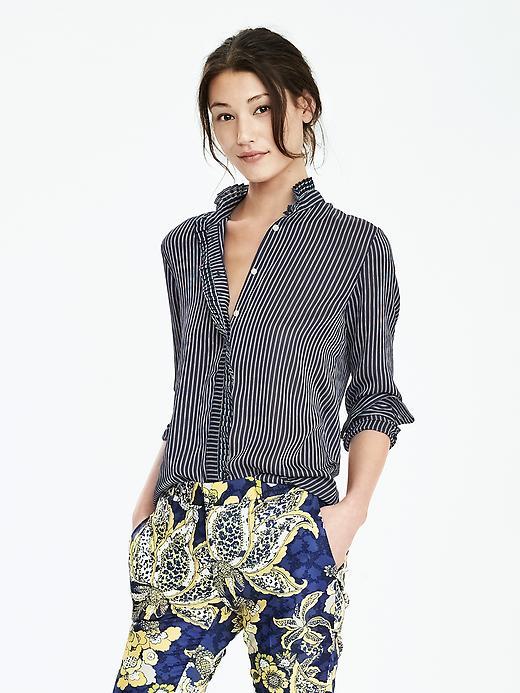 Banana Republic Womens Stripe Ruffle Trim Blouse Size L - Preppy Navy
