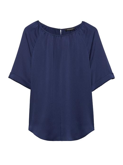 Banana Republic Womens Hammered Satin Rouche-neck Top Deep Sea Blue Size L