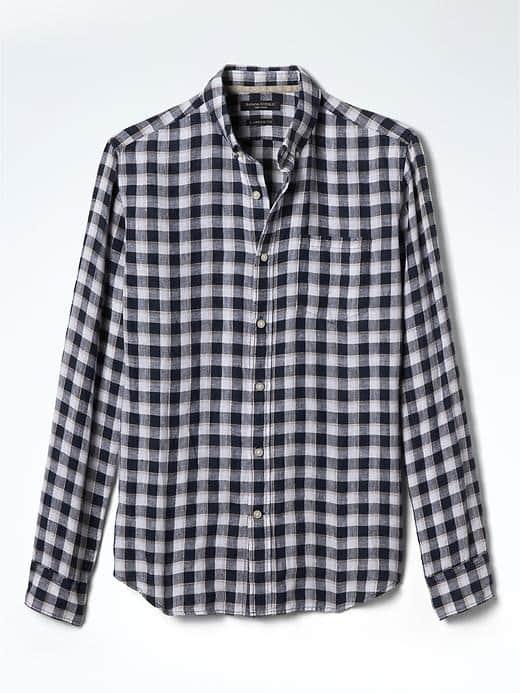Banana Republic Mens Camden Fit Check Linen Shirt - Navy