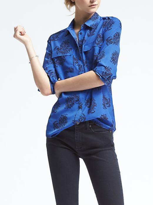 Banana Republic Womens Easy Care Dillon Fit Paisley Utility Shirt - Royal Blue