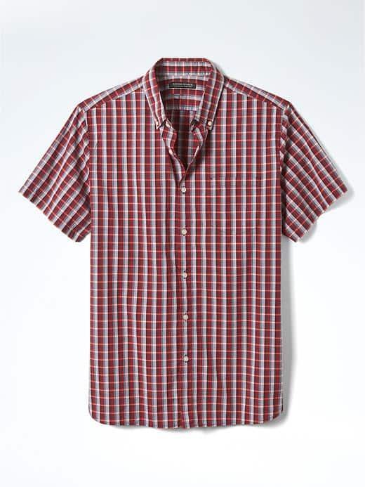 Banana Republic Mens Camden Fit Custom Wash Check Short Sleeve Shirt - Crimson Red