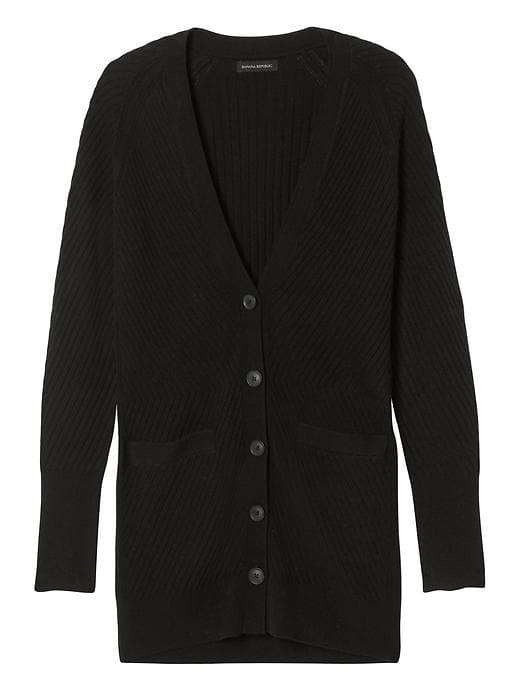 Banana Republic Womens Fine Italian Superloft Chevron Stitch Boyfriend Cardigan - Black