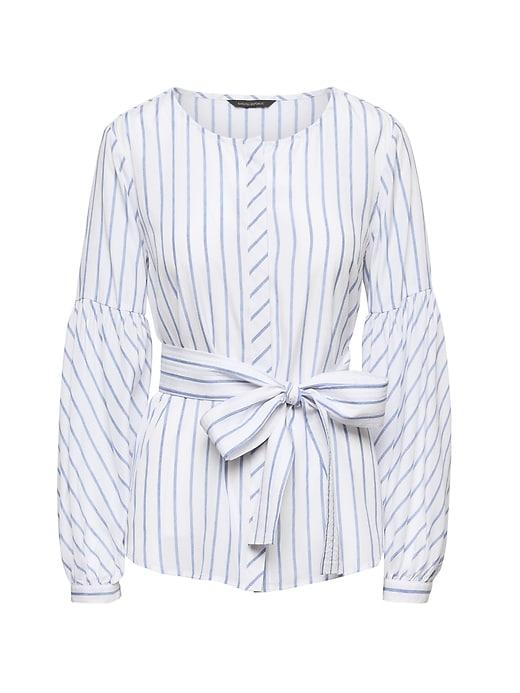 Banana Republic Womens Stripe Bubble-sleeve Top With Optional Tie At Waist White Size M