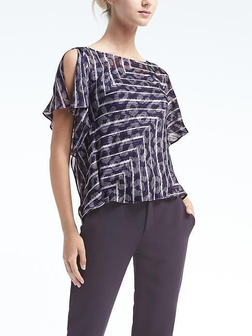 Banana Republic Womens Easy Care Print Slit Sleeve Top - Black Print
