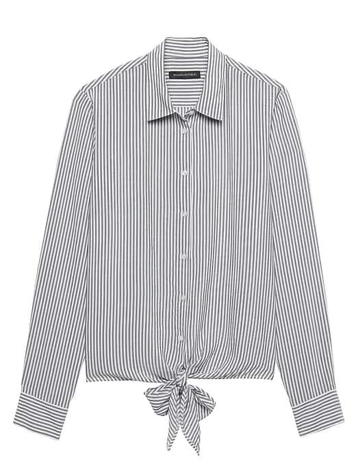 Banana Republic Womens Dillon Classic-fit Stripe Tie-front Shirt Light Blue Stripe Size S