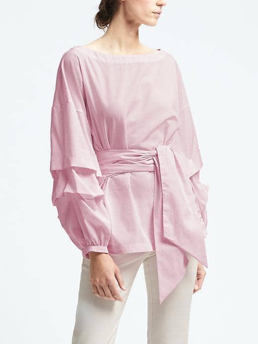 Banana Republic Womens Pink Tiered Sleeve Belted Shirt - Pink Reef