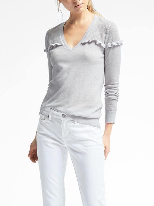 Banana Republic Womens Merino Ruffle Vee Sweater - Light Gray Heather