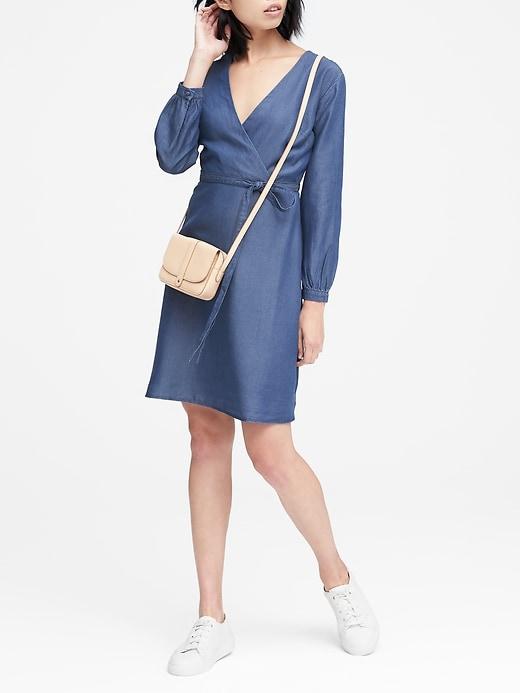 Banana Republic Womens Petite Tencel Chambray Wrap Dress Dark Rinse Size 0