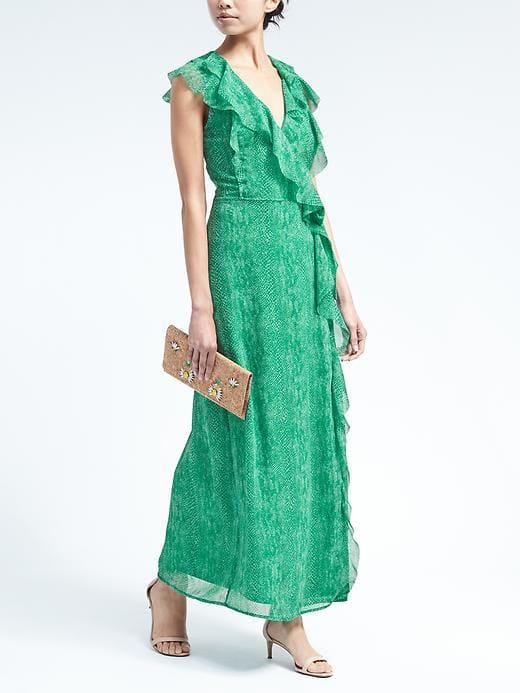 Banana Republic Womens Snake Print Ruffle Wrap Maxi Dress - Green Stripe