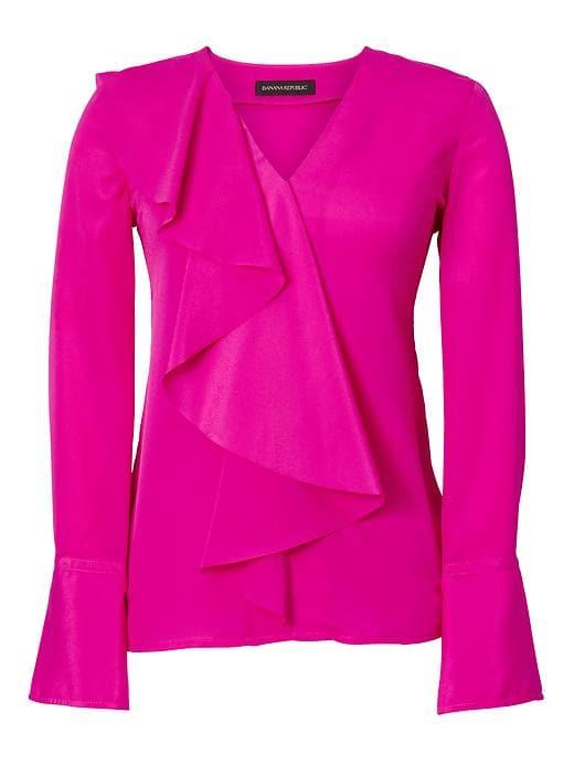 Banana Republic Womens Long Sleeve Cascade Ruffle Top - Hot Pink