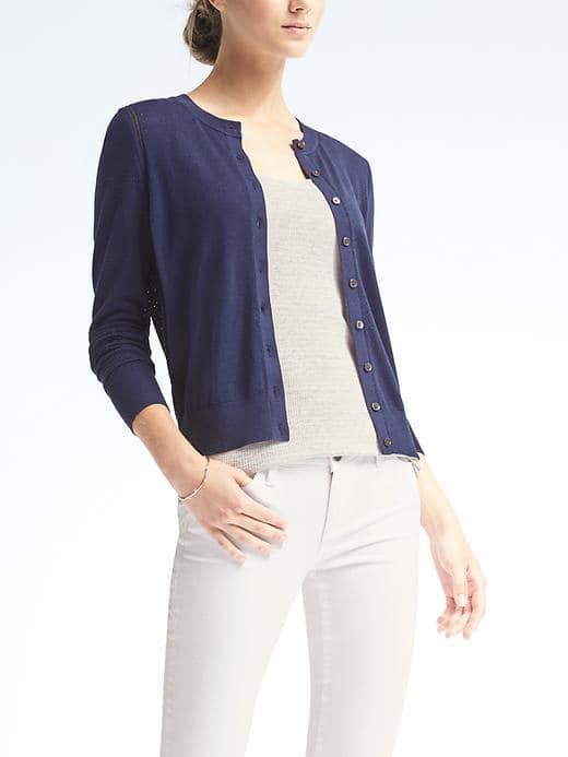 Banana Republic Womens Silk Cotton Pointelle Cardigan - Navy