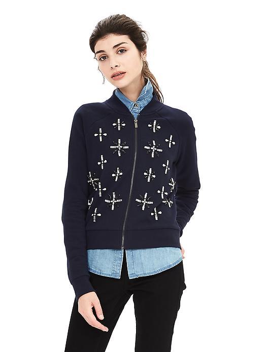 Banana Republic Embellished Knit Bomber Jacket Size L Petite - Preppy Navy
