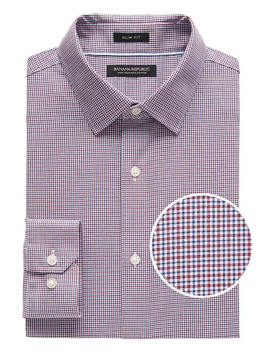 Banana Republic Mens Grant Slim-fit Non-iron Tattersall Grid Dress Shirt Holly Berry Red Size M