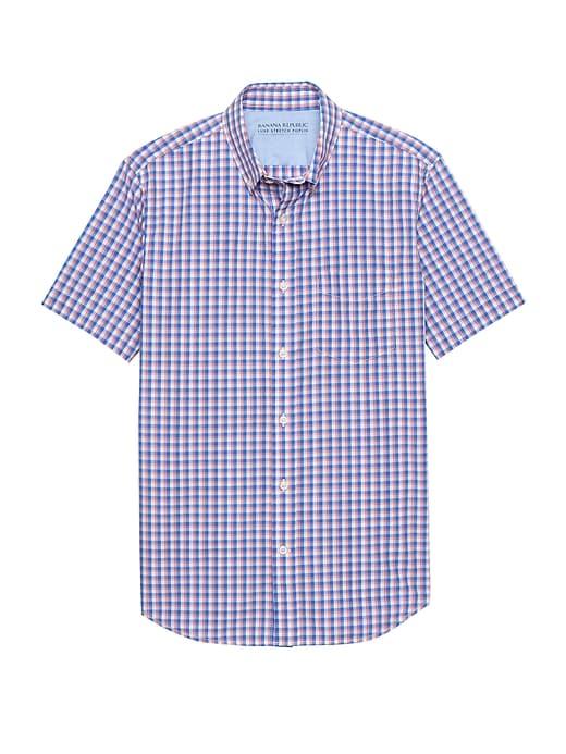 Banana Republic Mens Grant Slim-fit Luxe Poplin Plaid Shirt Sea Coral Size M