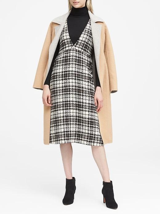 Banana Republic Womens Japan Online Exclusive Italian Tweed Deep V-neck Pinafore Midi Dress Black & White Size 6