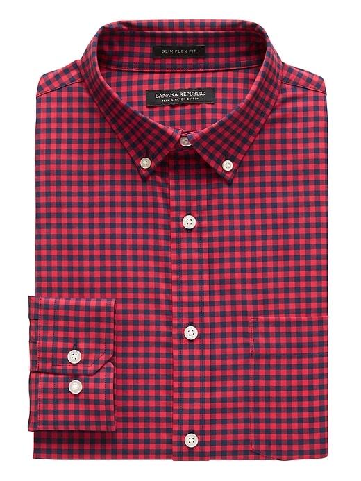 Banana Republic Mens New Slim-fit Tech-stretch Gingham Print Shirt Holly Berry Red Size S