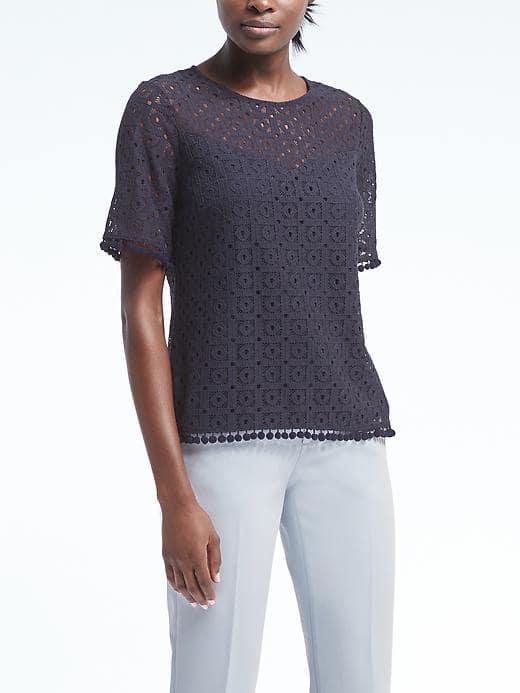 Banana Republic Womens Pom Pom Lace Top - Navy