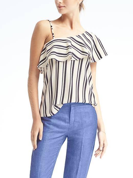 Banana Republic Womens Stripe Crepe One Shoulder Top - Navy