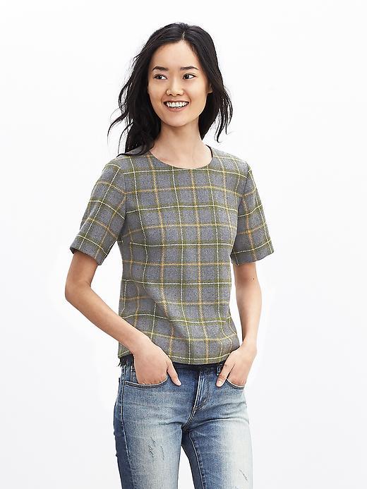 Banana Republic Womens Plaid Lace Trim Tweed Top Size L - Exploration Green