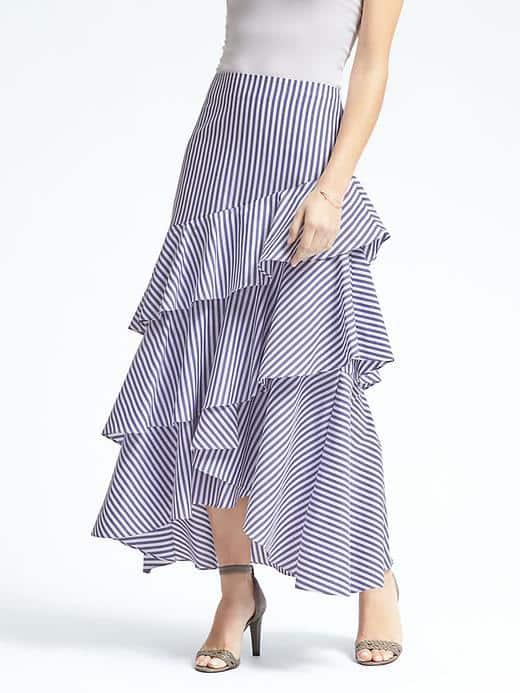Banana Republic Womens Tiered Ruffle Maxi Skirt - Navy Stripe