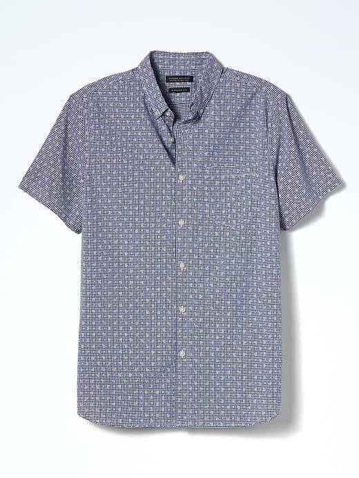 Banana Republic Mens Camden Fit Custom Wash Print Cotton Short Sleeve Shirt - Comet Blue