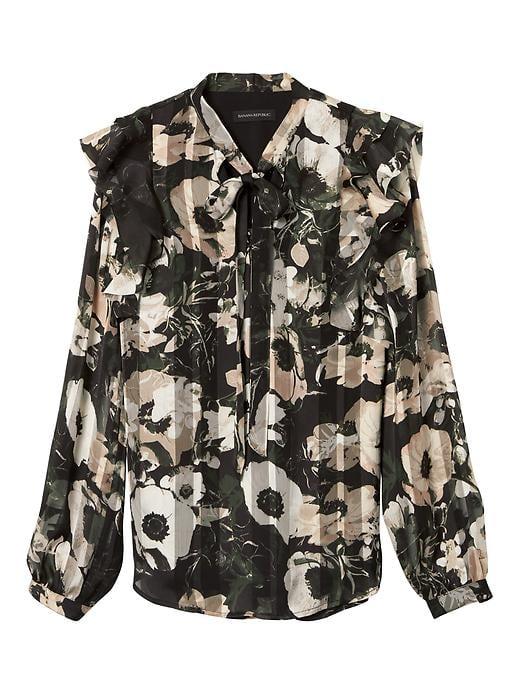 Banana Republic Womens Floral Tie Neck Poet Sleeve Top - Olive