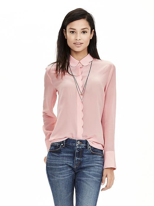 Banana Republic Womens Scalloped Pink Silk Blouse Size L - Pink Bubbles