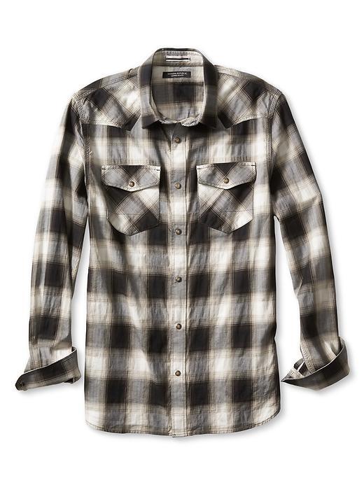 Banana Republic Mens Tailored Slim Fit Plaid Western Shirt Size L Tall - Fall Khaki