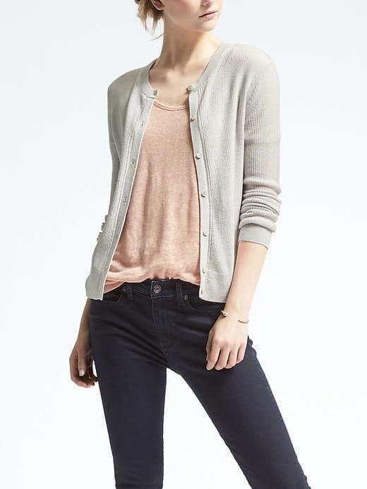 Banana Republic Womens Merino Ribbed Pointelle Cardigan - Gray