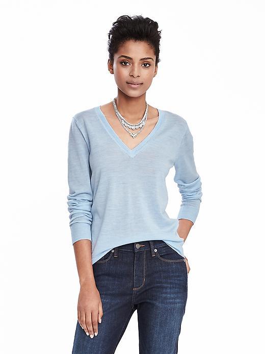 Banana Republic Womens Extra Fine Merino Wool Pointelle Vee Pullover Size L - Light Blue