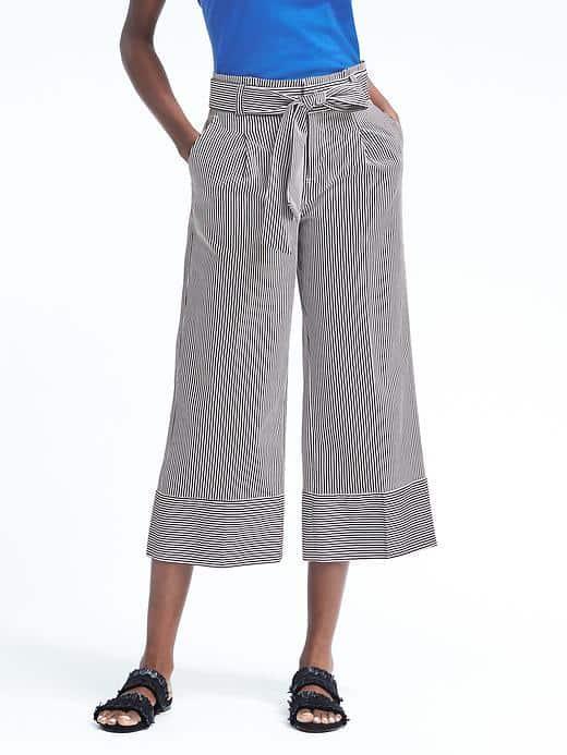 Banana Republic Womens Stripe Belted Wide Leg Crop - Gray Stripe