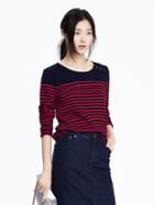 Banana Republic Womens Button Shoulder Stripe Tee Size L - Preppy Navy