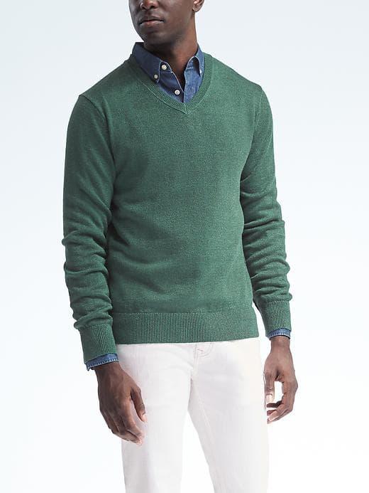 Banana Republic Mens Stretch Linen Vee Pullover - Deep Green