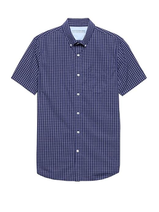 Banana Republic Mens Grant Slim-fit Luxe Poplin Check Shirt Navy Size Xxs