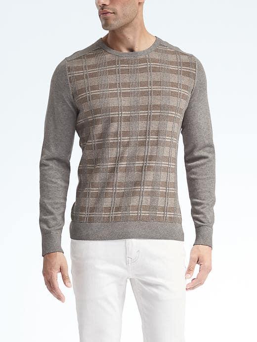 Banana Republic Mens Texture Plaid Supima Crew Pullover - Dark Gray