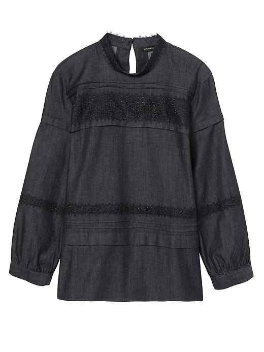 Banana Republic Womens Petite Chambray Pintuck & Lace Top Rinse Size Xs