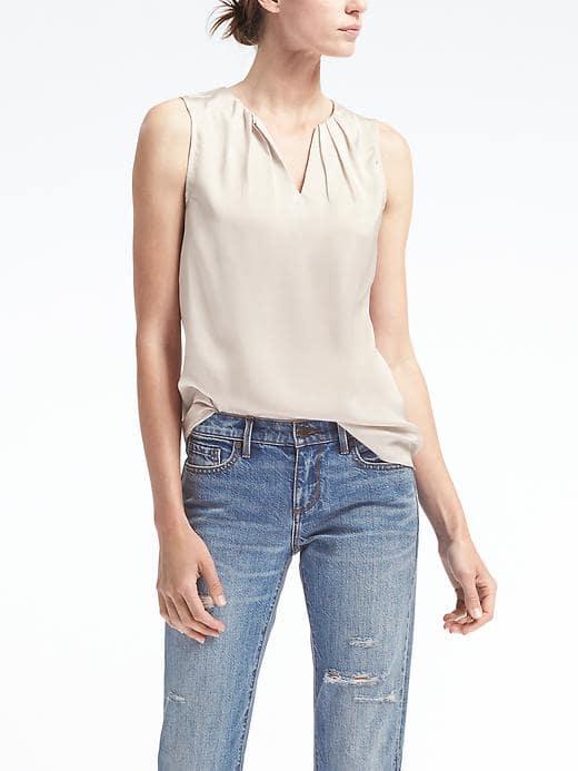 Banana Republic Womens Easy Care Pleated Neck Tank - Warm Stone