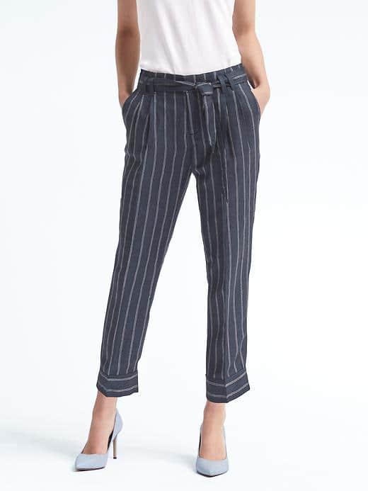 Banana Republic Avery Fit Stripe Tie Waist Linen Pant - Navy Stripe