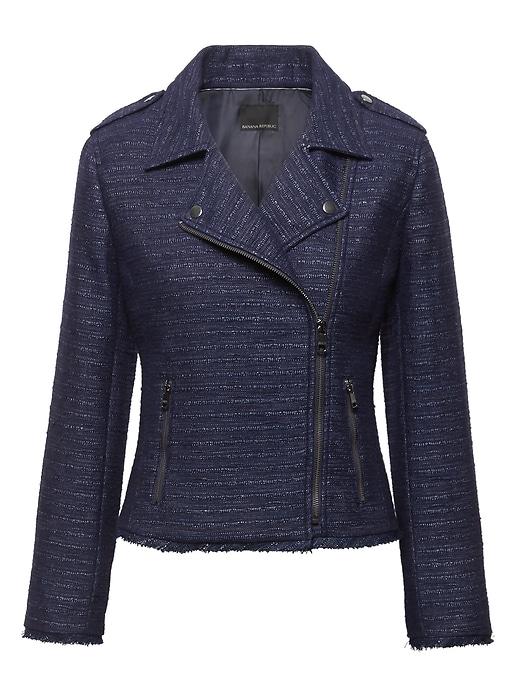 Banana Republic Womens Petite Italian Tweed Moto Jacket Navy Size S