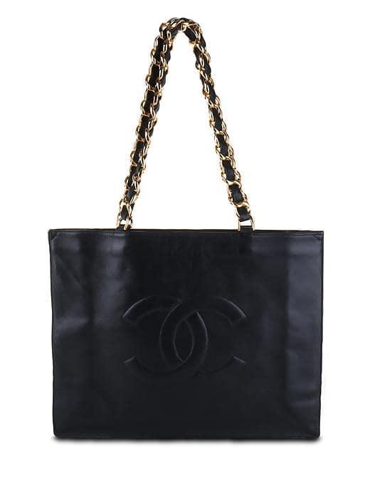Banana Republic Womens Luxe Vintage Chanel Black Lambskin Flat Chain Tote - Black