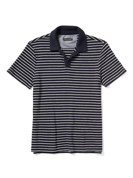 Banana Republic Mens Terry Stripe Johnny Collar Polo - Navy